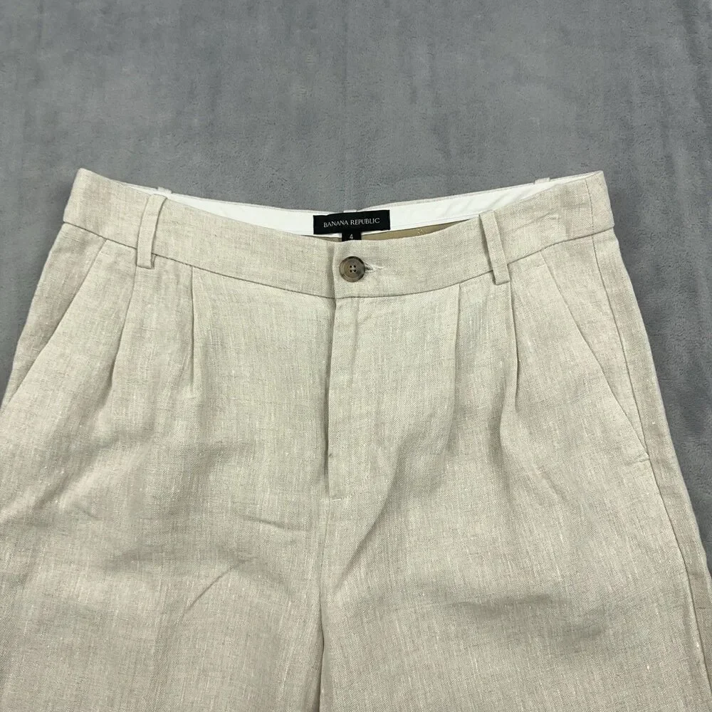 Banana Republic Linen Wide Leg Pants Womens Sz 4 Oatmeal Beige Pleated Trouser